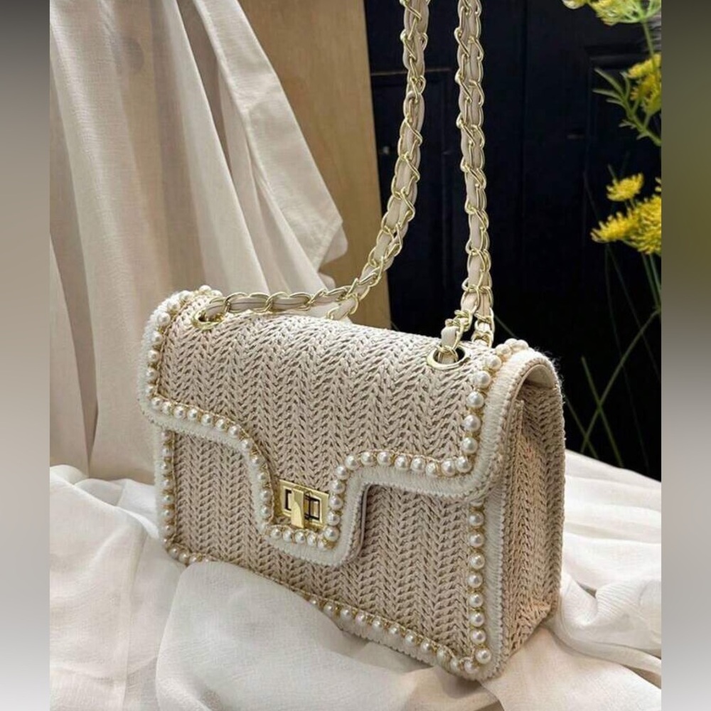 Beige Pearl-Trim Woven Shoulder Bag